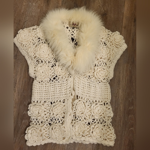 Love Token Crochet Fox Fur Collar Cardigan,Sweater,Jacket Size Large Ivory - Picture 4 of 13